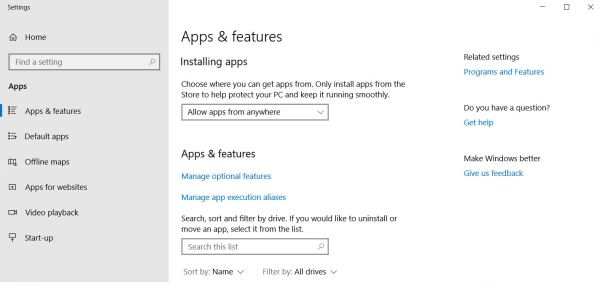 MS Windows 'Apps and Features' options