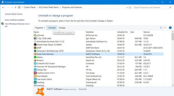 MS Windows 'Uninstall or change a program' page