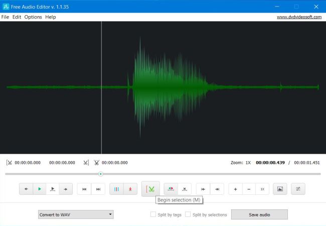 Free Audio Editor: Choose the begin of the crop selection
