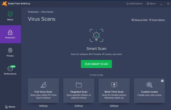 Avast Free Antivirus: Protection page