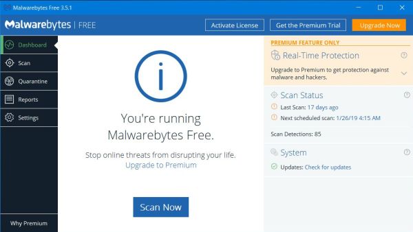 Malwarebytes Free: Main page