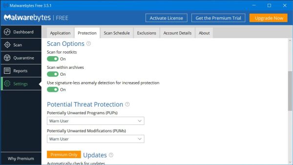 Malwarebytes Free: Protection settings