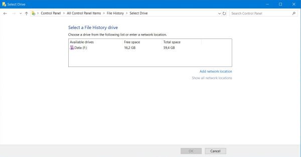 Selecting the File History drive