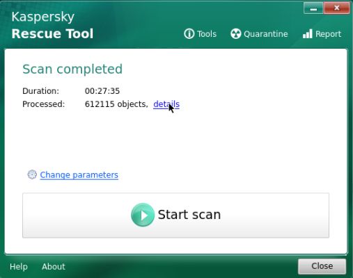 Kaspersky Rescue Disk 18: 'Scan completed' window (no malware found)