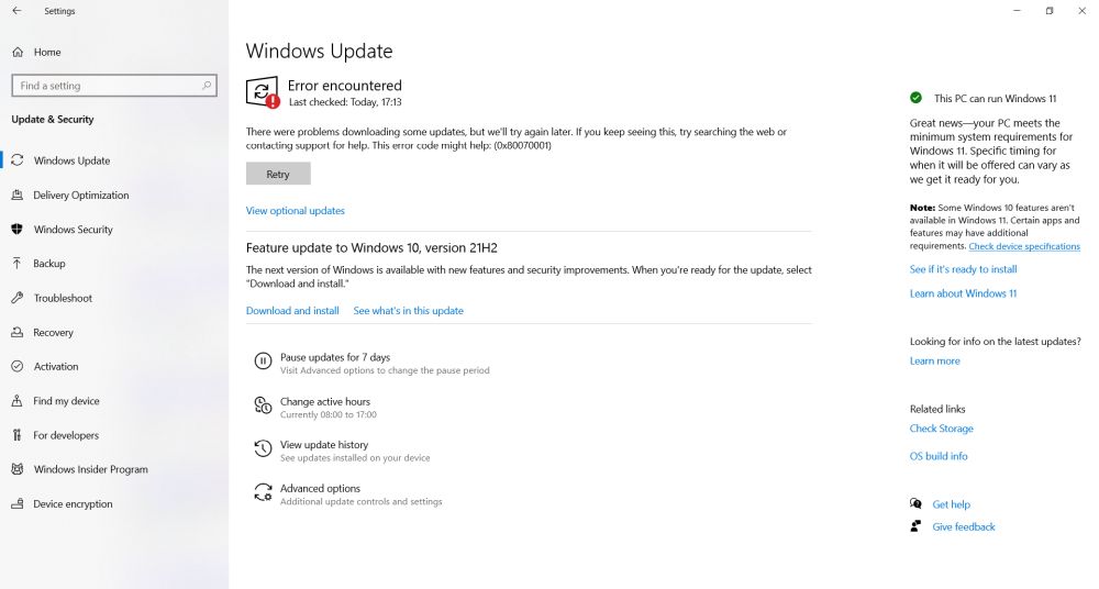 Windows Update failure: error condition 0x80070001
