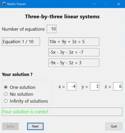 Math trainer: Linear equation systems in 3 variables exercises