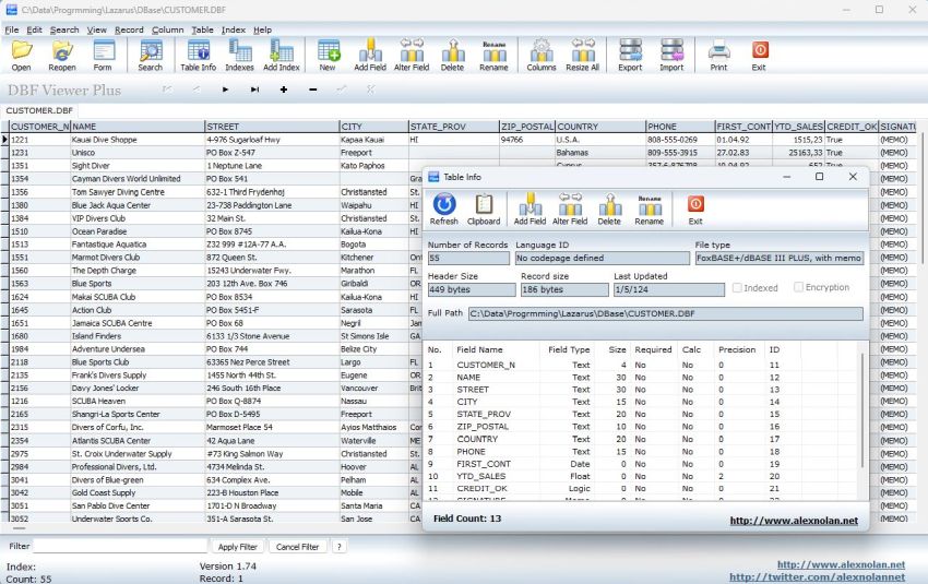 dBase III+ table opened in the DBF Viewer Plus freeware application