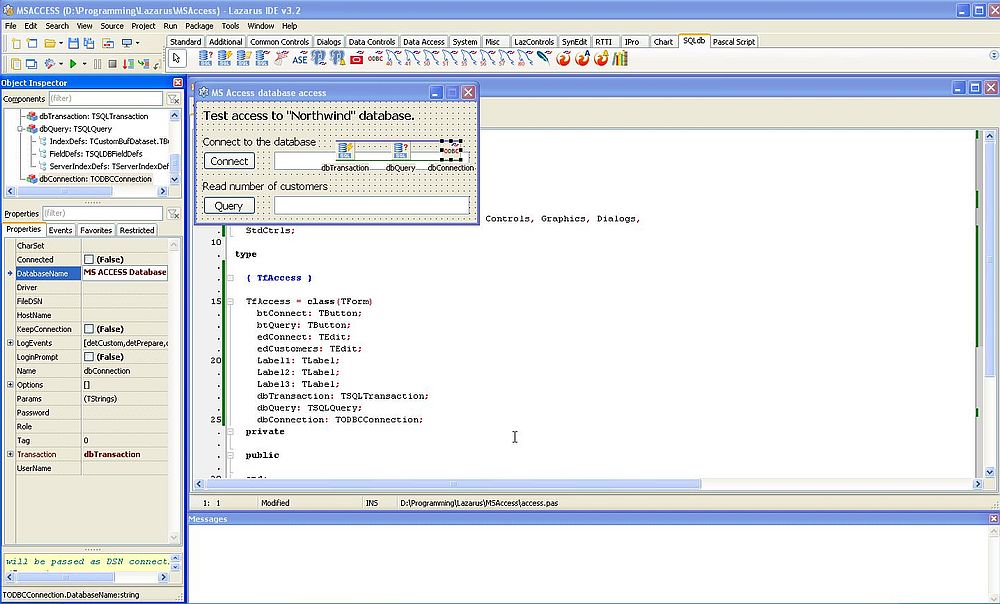 Lazarus/Free Pascal and Microsoft Access: 'DatabaseName' property of the TODBCConnection object set to the name of the DSN
