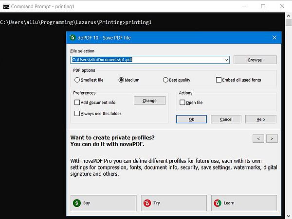 Lazarus/Free Pascal: Printing a line of text to the default printer