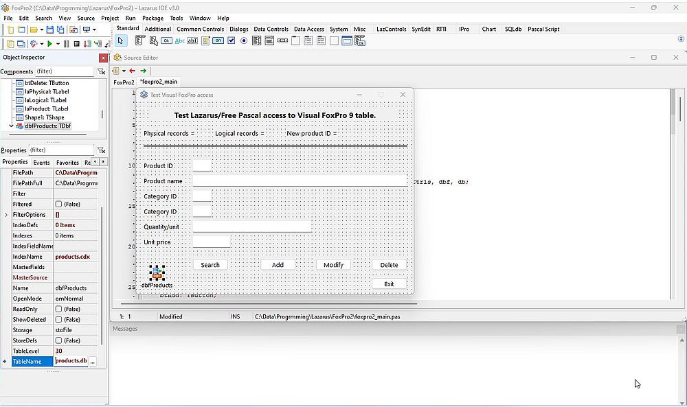 Lazarus/Free Pascal: Add, delete, modify a record in a Visual FoxPro 9 table - The Lazarus form
