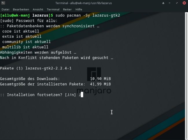 Installing Lazarus on Manjaro: Install of the 'lazarus-gtk2' package