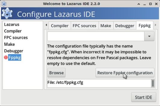 Installing Lazarus on PCLinuxOS: 'Configure Lazarus IDE' window - Fppkg configuration file error