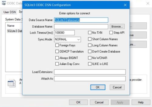 MS Windows ODBC Data Source Administrator: SQLite3 System DSN configuration