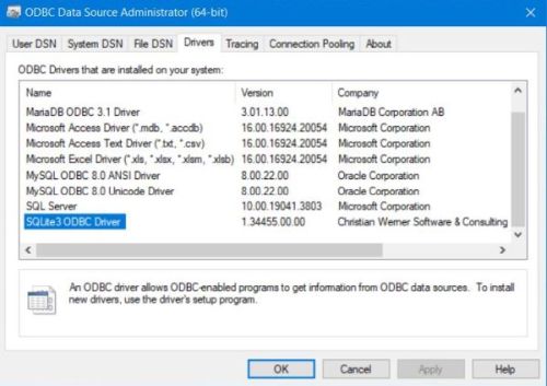 MS Windows ODBC Data Source Administrator: Drivers (incl. SQLite3 ODBC Driver)