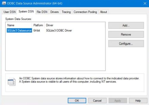 MS Windows ODBC Data Source Administrator: System DSN (SQLite3 Datasource)