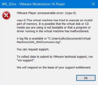 CUPS physics simulations on DOS: The execution of several programs result in a crash of VMware Player