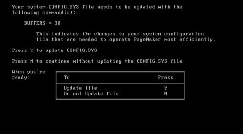 Aldus PageMaker on Windows 1.04: Application setup - Letting the setup program change CONFIG.SYS