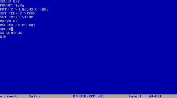 Omnis Quartz on Windows 1.04: Windows 1 AUTOEXEC.BAT file with SHARE.EXE added