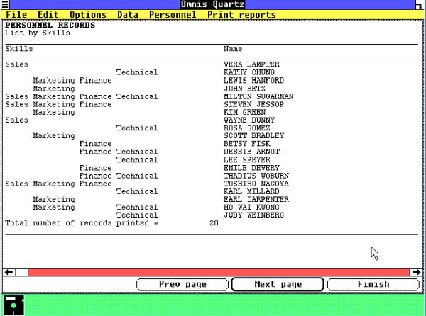 Omnis Quartz on Windows 1.04: Quartz database application - Report displayed in the application window