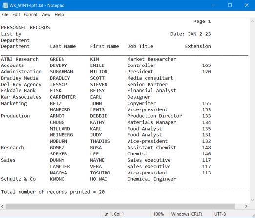 Omnis Quartz on Windows 1.04: Quartz database application - Report sent to LPT1 and opened as text file on Windows 10 hosting VMware