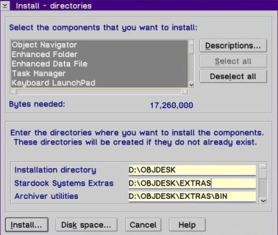 Installation of Stardock Object Desktop on OS/2: Components and installation directory selection