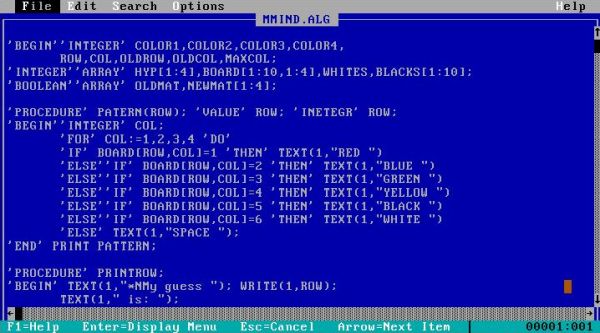 ALGOL 60 on MS-DOS: ALGOL 60 source file opened in MS-DOS 6.22 editor
