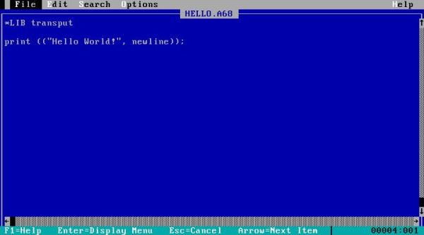 ALGOL 68 on MS-DOS: ALGOL 68 source file opened in MS-DOS 6.22 editor