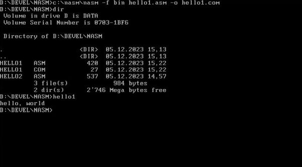 NASM on FreeDOS: Creating and running a 16-bit real mode 'Hello World' program
