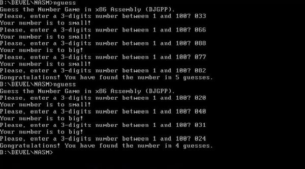 NASM on FreeDOS: Running a 32-bit assembly and C 'guess the number' game program