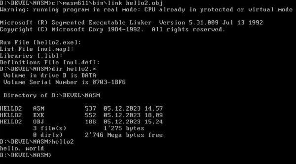NASM on FreeDOS: Linking and running a 16-bit protected mode 'Hello World' program