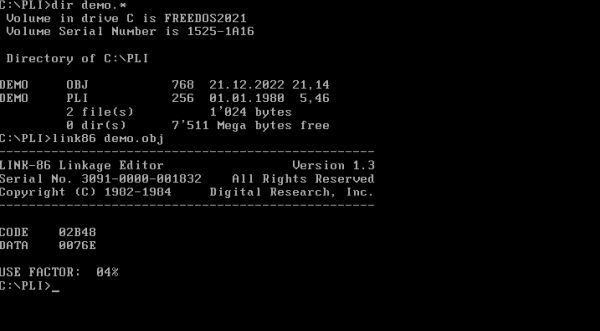 PL/I on FreeDOS: Linking the object file resulting from the compilation of the sample program DEMO.PLI