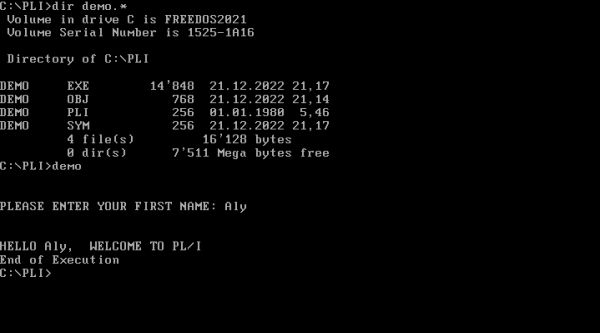 PL/I on FreeDOS: Running the executable build from the sample program DEMO.PLI
