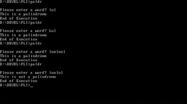 PL/I on FreeDOS: Palindrome check in PL/1 (program execution)