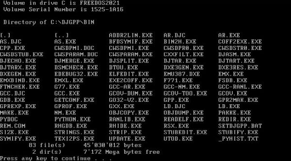 G77 on FreeDOS: Content of the DJGPP 'bin' folder after copy of the FORTRAN files