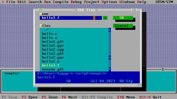 G77 on FreeDOS: RHIDE - Adding a FORTRAN source file to a new project