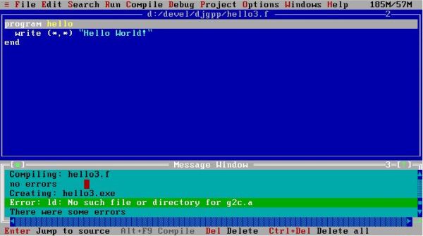 G77 on FreeDOS: RHIDE - Linker error when trying to build a FORTRAN program