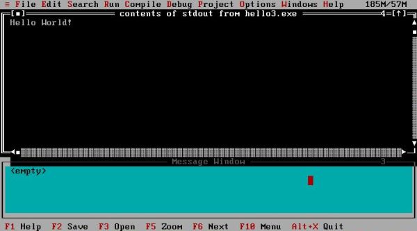 G77 on FreeDOS: RHIDE - Running a FORTRAN program with STDOUT redirected to a window within the IDE