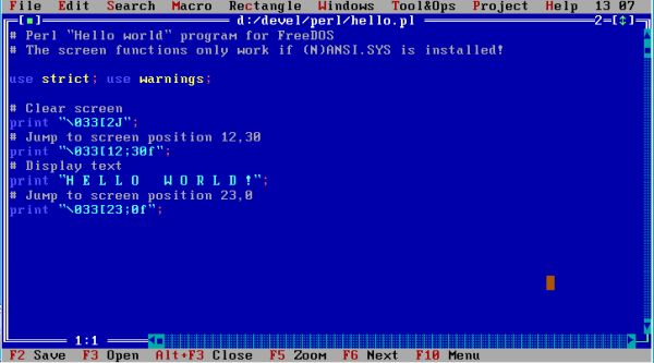 Perl on FreeDOS: 'Hello World' script, opened in the amazing SET's Editor