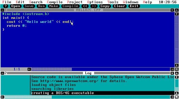 Open Watcom on FreeDOS: Linking a C++ file in the Power View IDE [2]