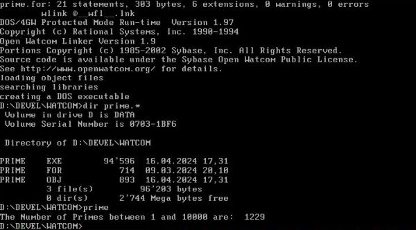 Open Watcom on FreeDOS: Building a 16-bit Fortran 77 program for DOS