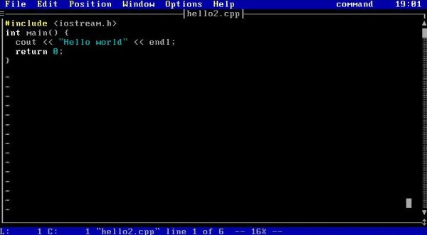 Open Watcom on FreeDOS: C++ file opened in Open Watcom Vi Editor