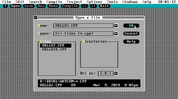 Open Watcom on FreeDOS: Opening a C++ file in the Power View IDE