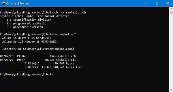 GnuCOBOL on Windows 10 - Building a program calling a subprogram example [1]