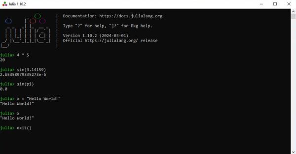 The interactive Julia shell on Windows 10 - Execution of some Julia statements
