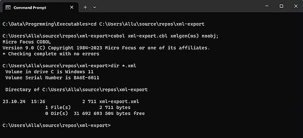 Visual COBOL XML Extensions: Creating the XML model file in Windows Command Prompt