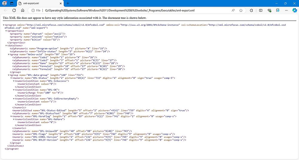 Visual COBOL XML Extensions: Content of a Visual COBOL XML model file (viewed in MS Edge)