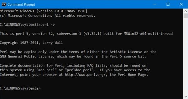 Determining the version of Perl on MS Windows