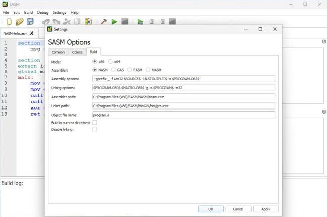 Assembly programming on Windows: SASM IDE - Build settings