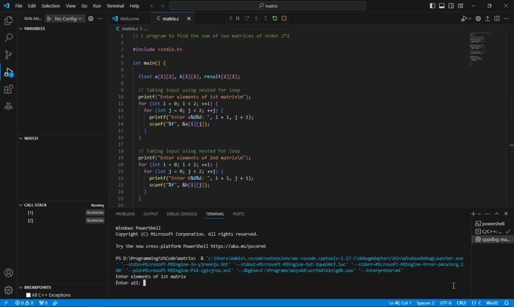 VSCode - Building a C project - Running a simple 'matrix addition' program within VSCode