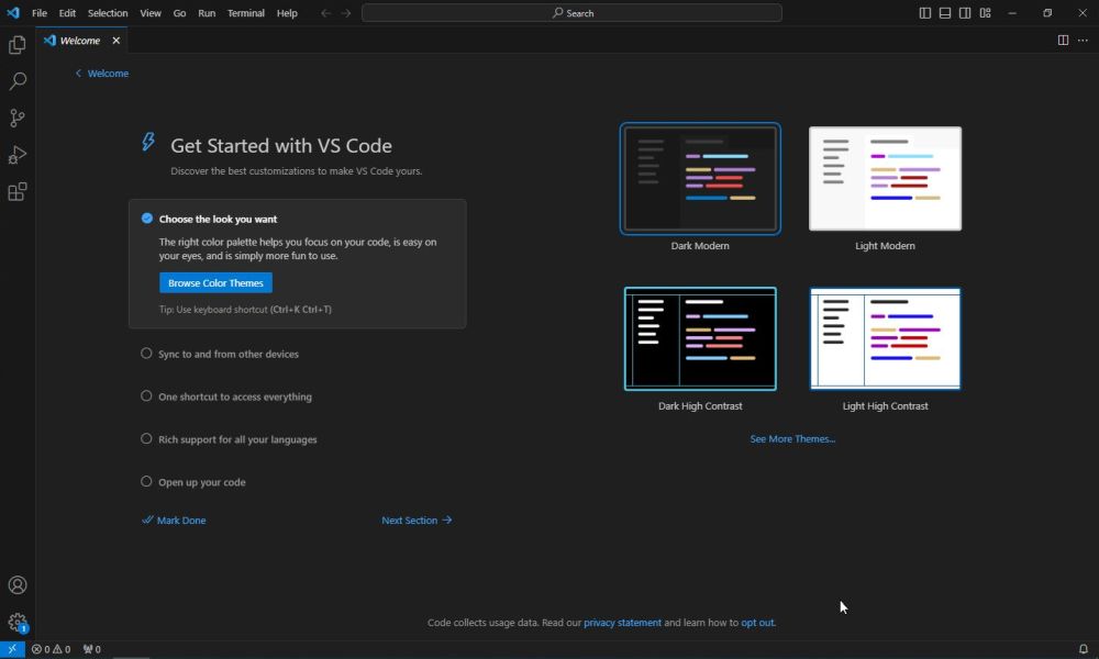 The VSCode 'Welcome' window (first run)